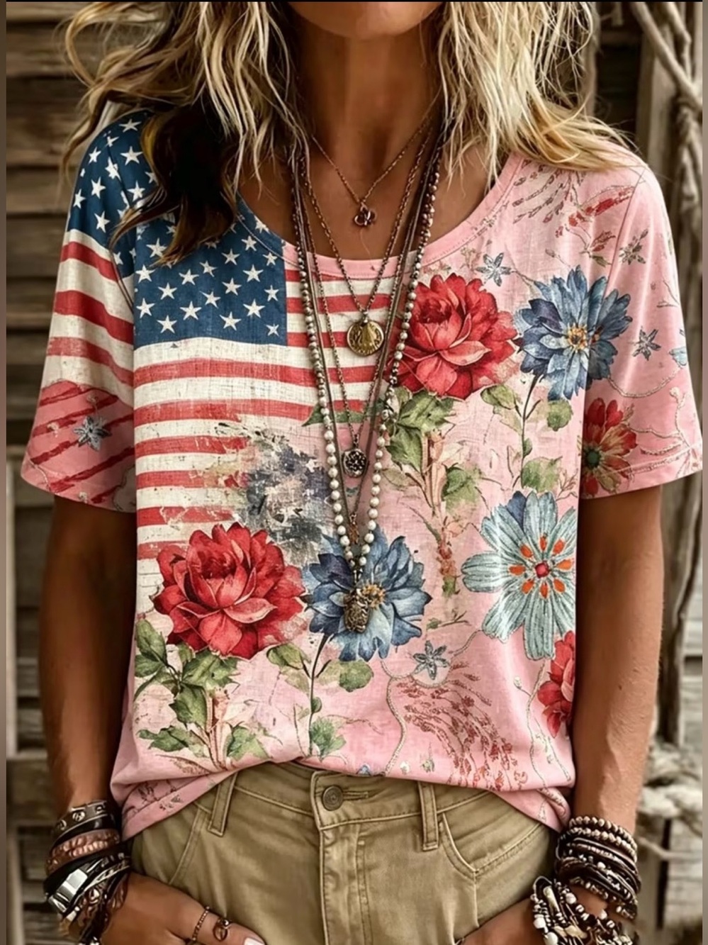 🇺🇸 Patriotic 4th of July Pink and Blue Floral American Flag T-Shirt